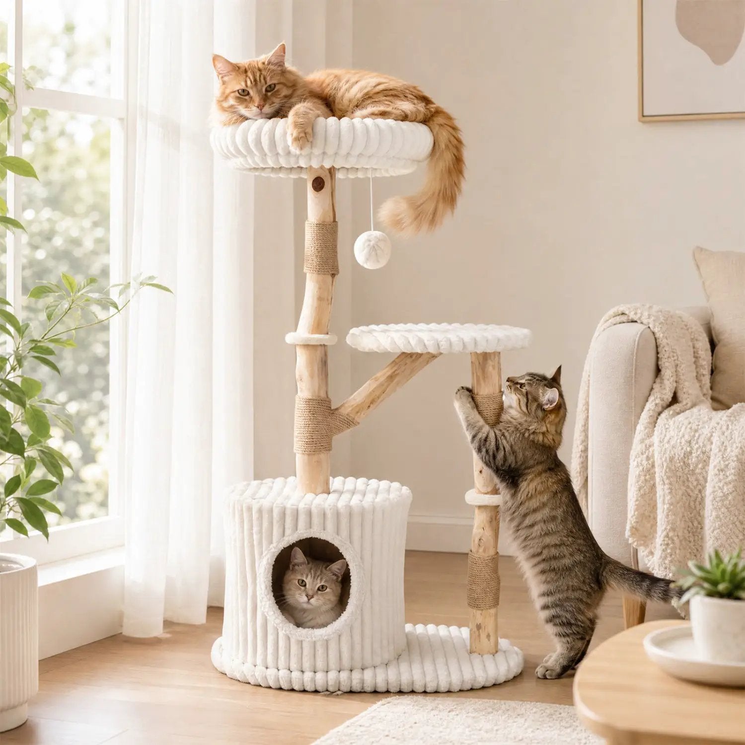 Solid wood cat tree, 41 inches, with real branches and a cozy white bed; two cats perched on it.