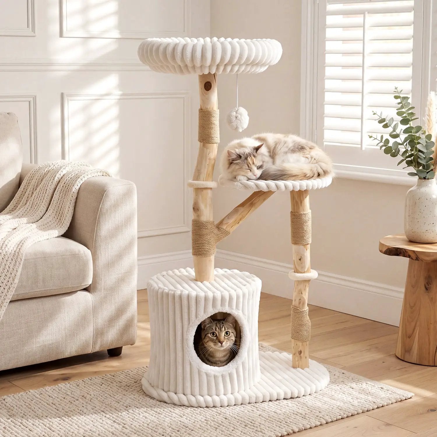 Solid Wood Cat Tree 41-inch with Real Branches and Cozy Bed, DirectDeals cat tree with cats on top and in the cubby.