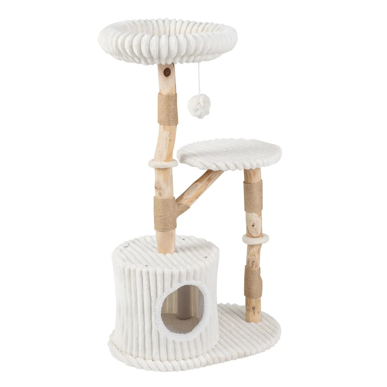 Solid wood cat tree 41 with real branches, cozy bed and rope-wrapped posts by DirectDeals.