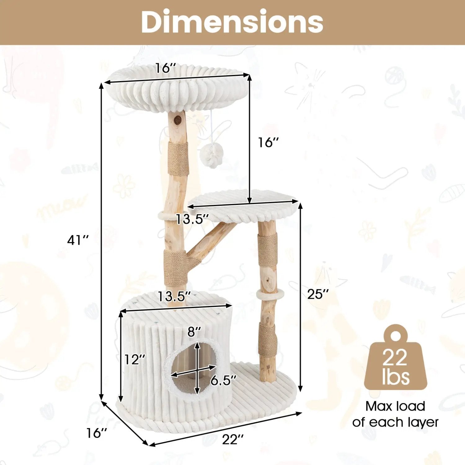 Cat Tree by DirectDeals, solid wood with real branches and a cozy bed, 41in tall