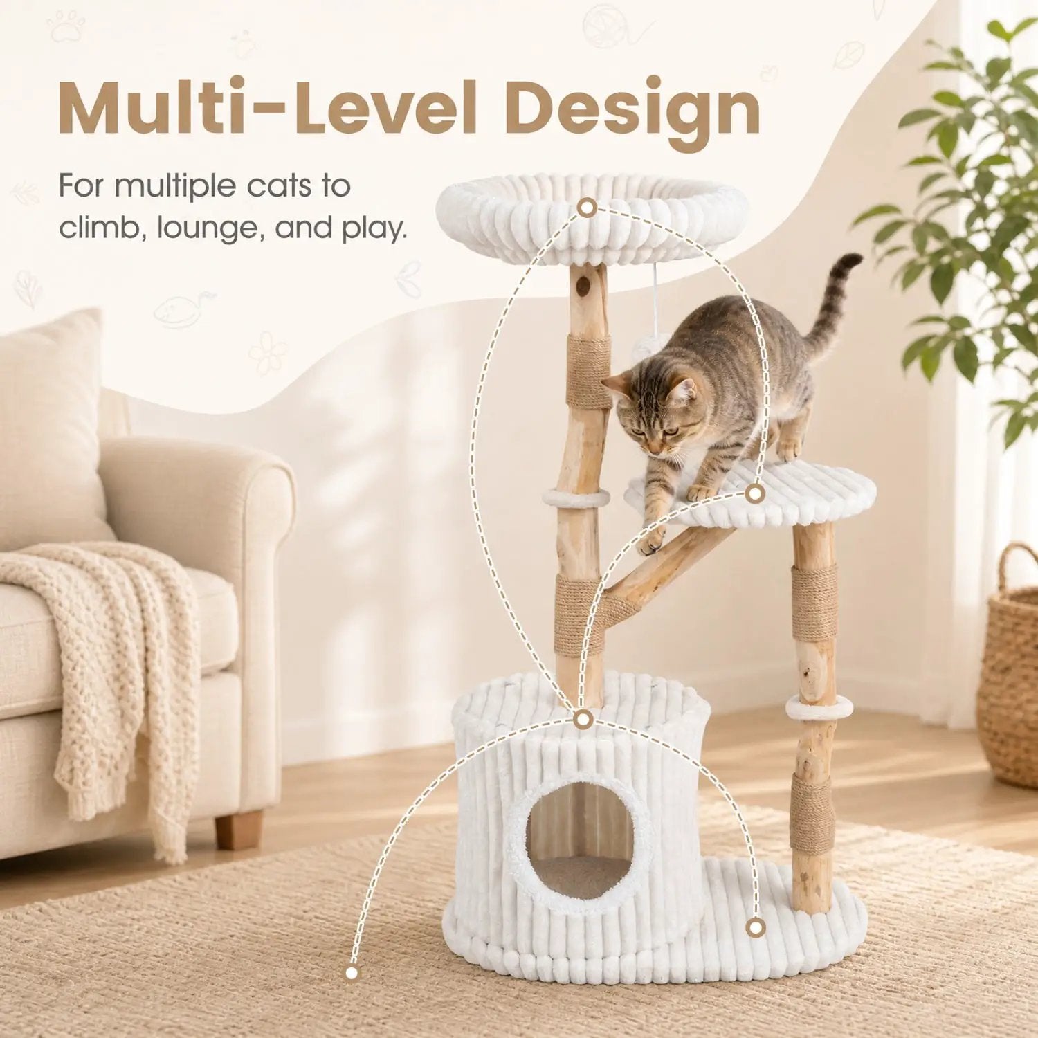 DirectDeals Solid Wood Cat Tree 41in with real branches and cozy bed