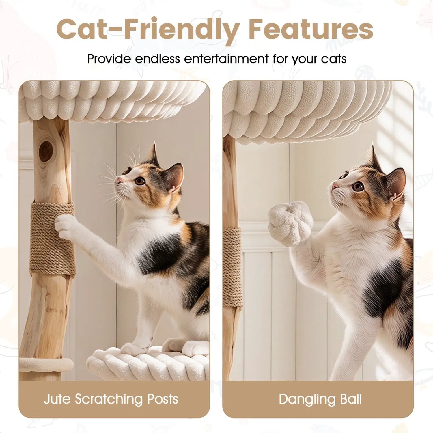 Solid Wood Cat Tree 41in by DirectDeals with real branches; cozy bed, jute scratching posts, dangling ball.