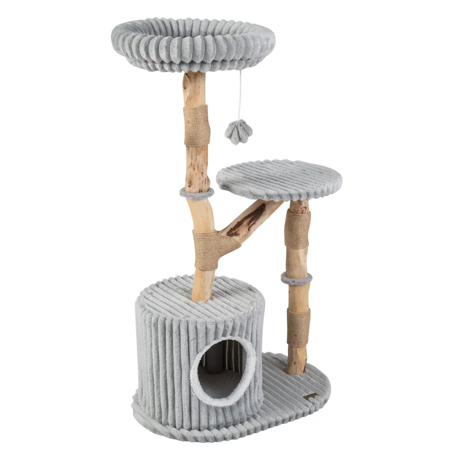 DirectDeals Solid Wood Cat Tree 41in with real branches and gray plush platforms