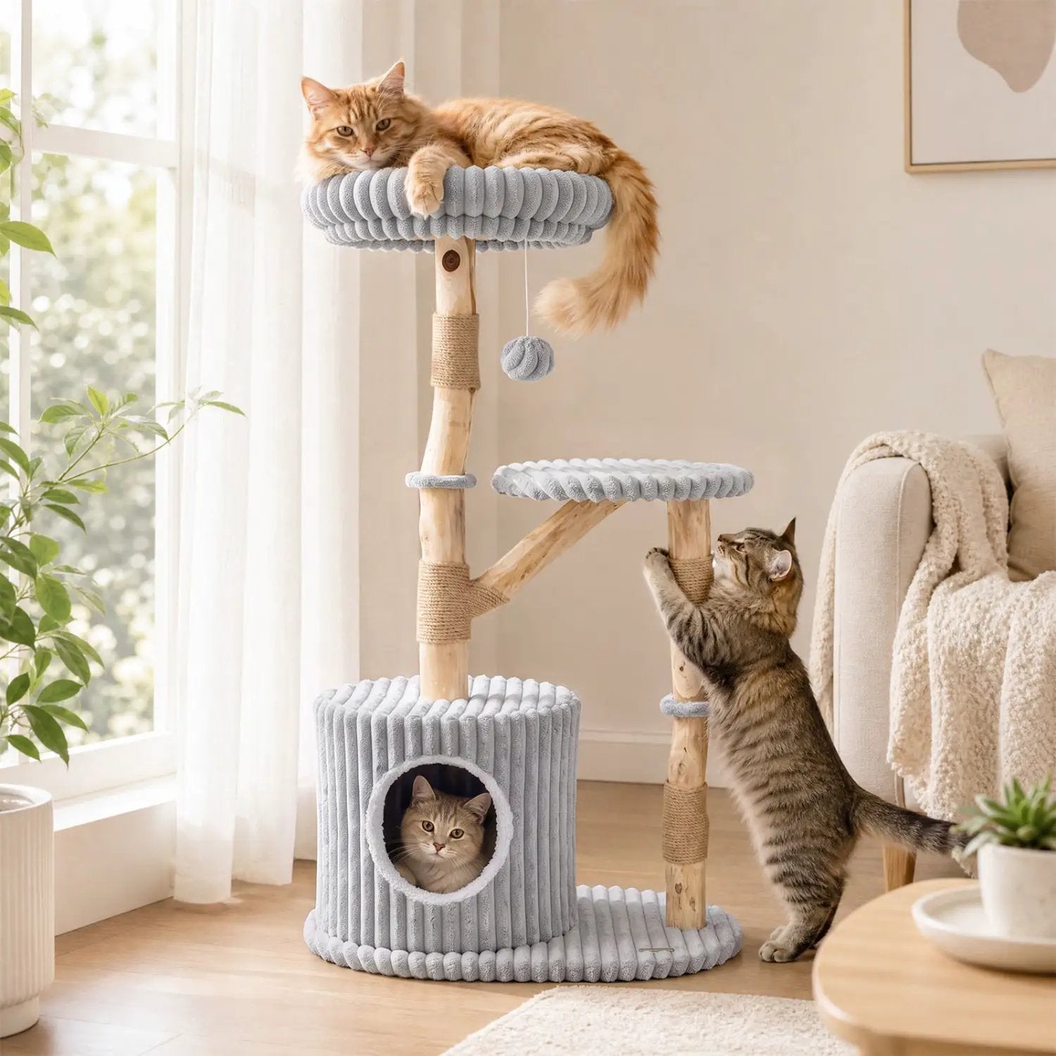 Solid wood cat tree with real branches, blue-gray rope-wrapped platforms, cozy bed, and two cats.