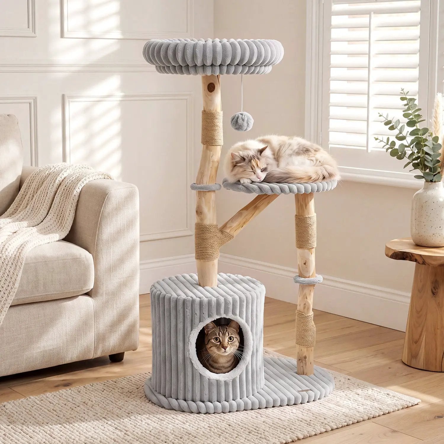 Solid Wood Cat Tree 41-inch by DirectDeals with real branches, grey rope platforms, cozy bed, and two cats.