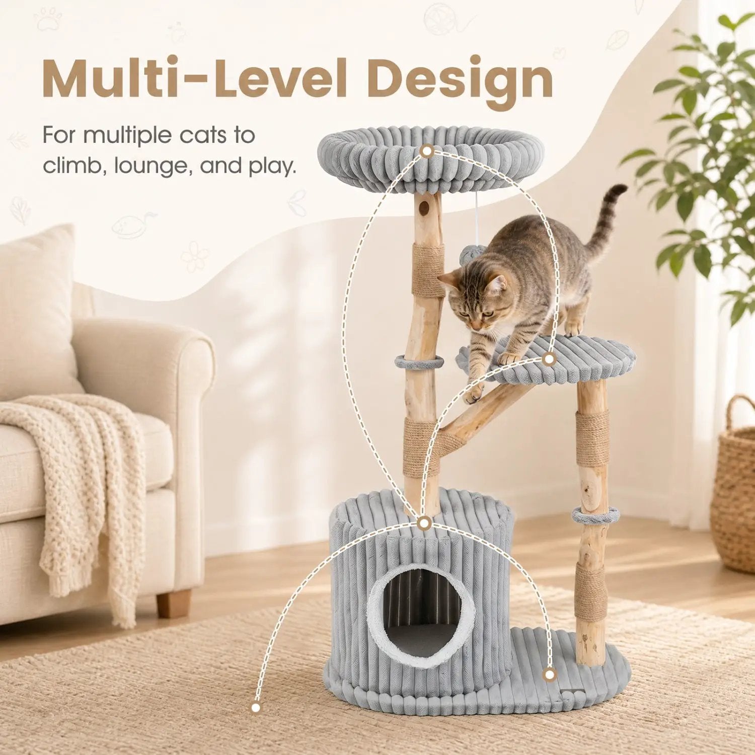 Solid Wood Cat Tree 41-in with Real Branches and Cozy Bed by DirectDeals, gray rope-wrapped posts.