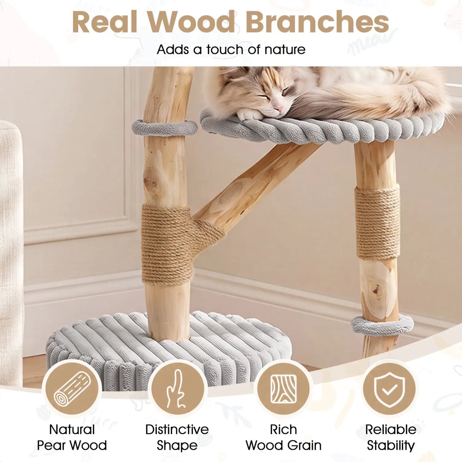 Solid Wood Cat Tree 41in by DirectDeals with real branches and a cozy gray bed, cat resting