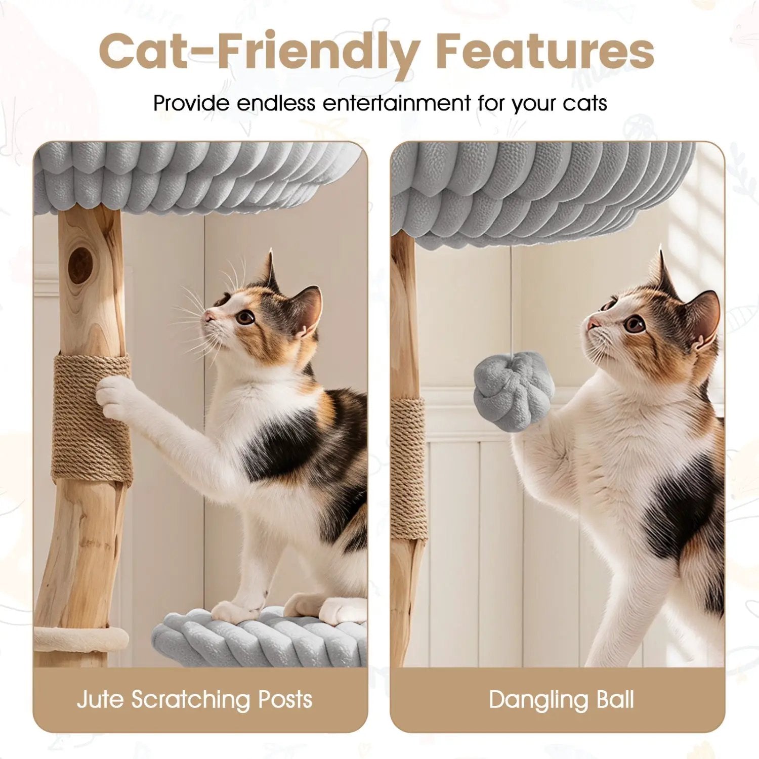Solid Wood Cat Tree 41in with real branches and cozy bed by DirectDeals; includes jute scratching posts and a dangling ball.