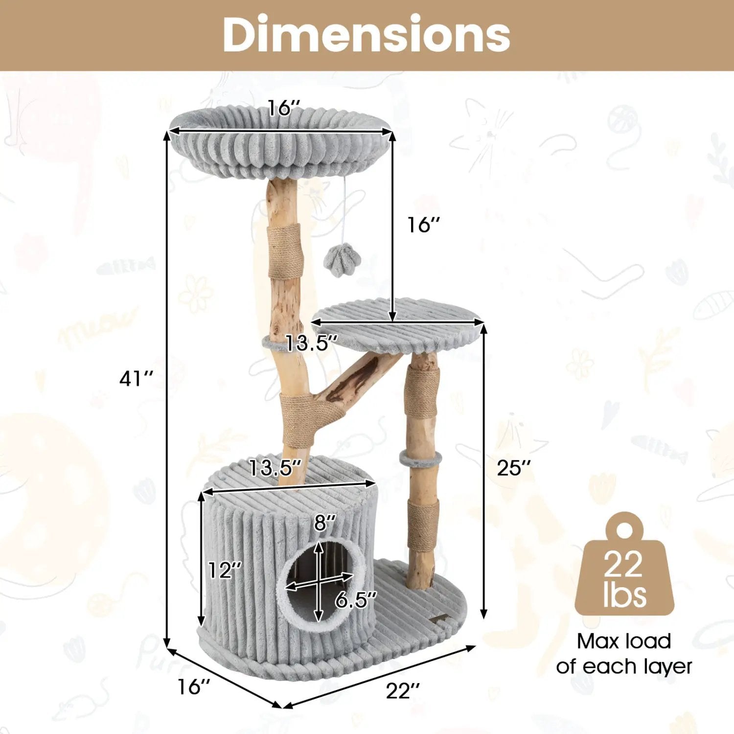 Solid Wood Cat Tree 41 in with Real Branches and Cozy Bed; gray platforms, natural wood posts, multi-level design.