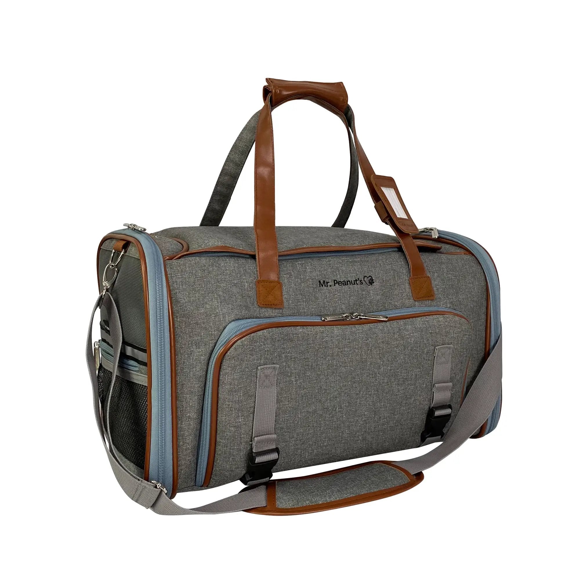 Mr. Peanut's Gold Series Big Apple Double Expandable Pet Carrier in gray fabric with brown leather trim.