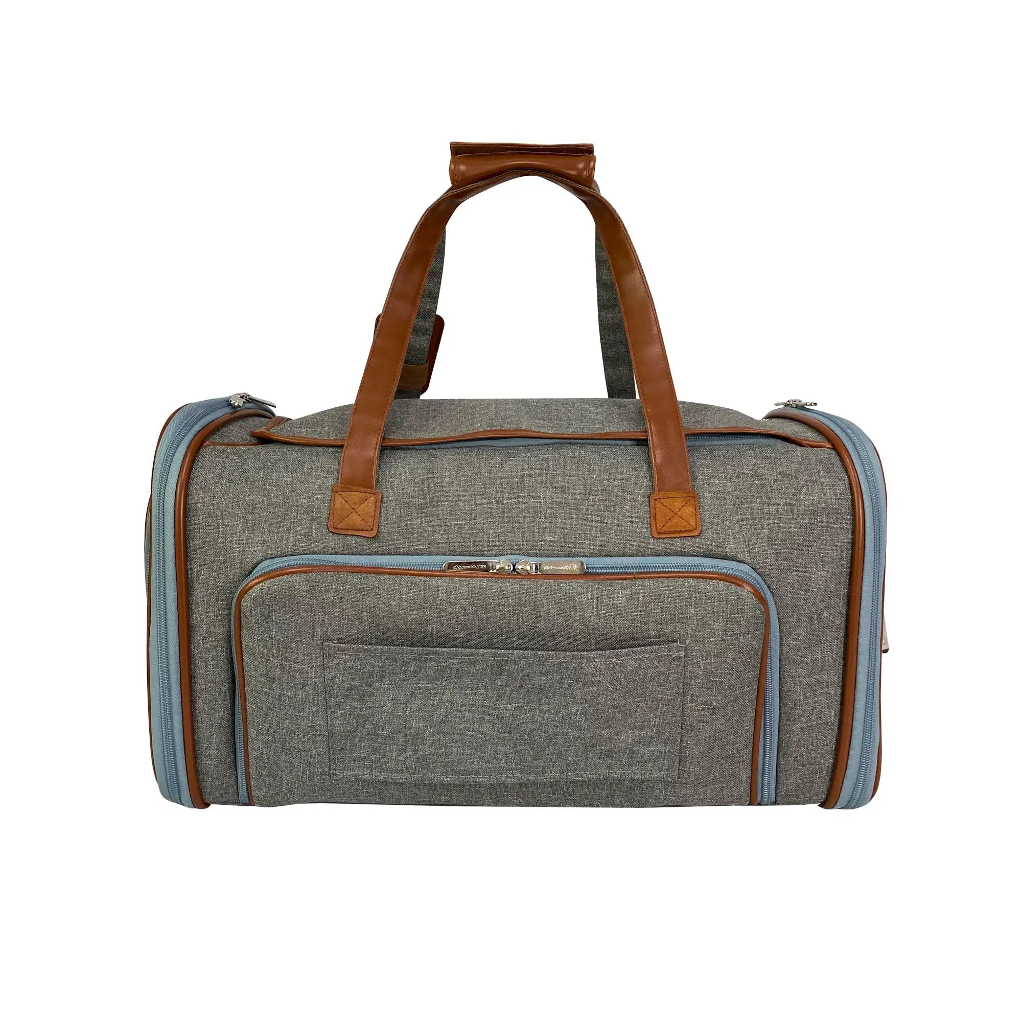 Mr. Peanut's Gold Series Big Apple Double Expandable Pet Carrier, grey fabric with brown leather trim and blue zippers.