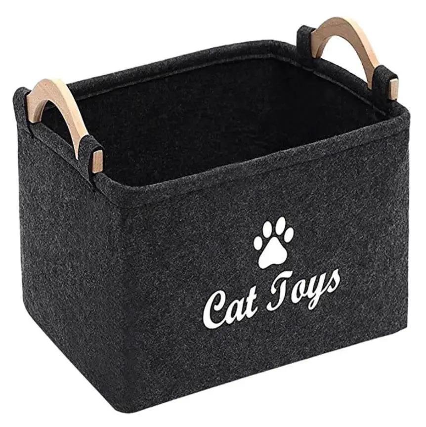 Luxury Felt Pet Toy Storage Basket With Wooden Handles For Homes by Nai Pet Store