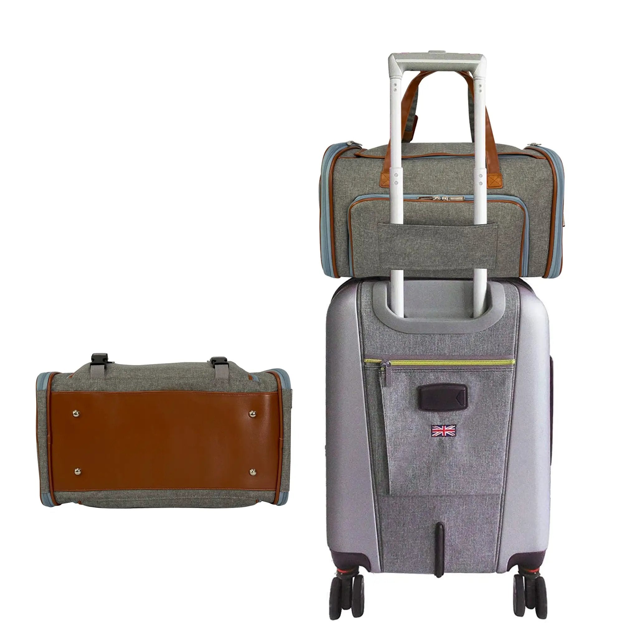 Mr. Peanut's Gold Series Big Apple Double Expandable Pet Carrier, air travel approved, gray fabric with brown trim.