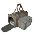 Load image into Gallery viewer, Mr. Peanut's Gold Series Big Apple Double Expandable Pet Carrier in gray fabric with brown leather straps.
