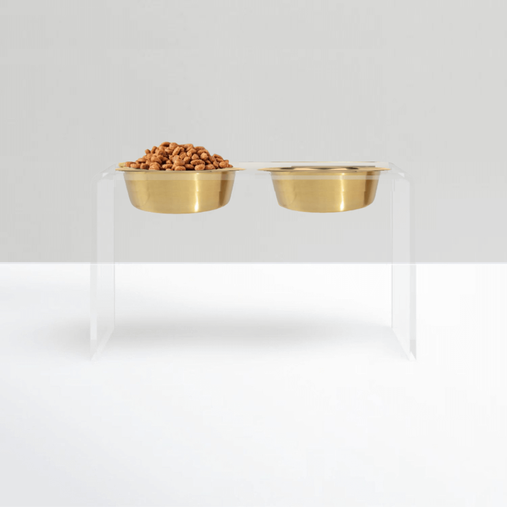 Hiddin Clear Acrylic Double Feeder with Gold Bowls – 12 in High