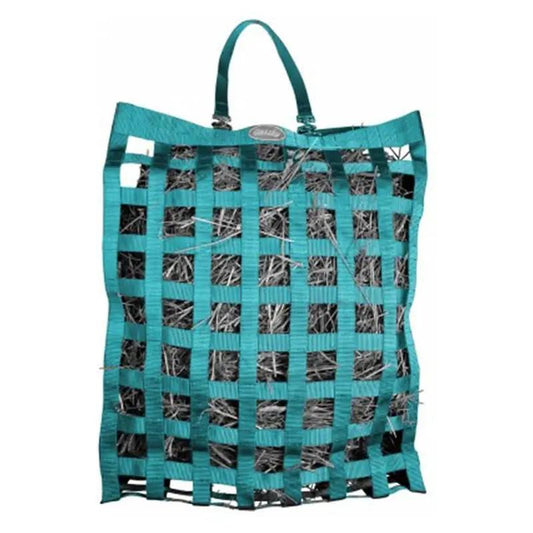 Gatsby All Natural Slow Hay Feeder hay bag by StateLineTack, teal woven net design with sturdy handles