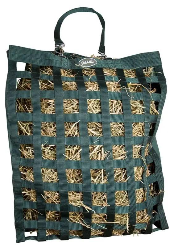 Gatsby All Natural Slow Hay Feeder hay bag, green woven net with hay visible.