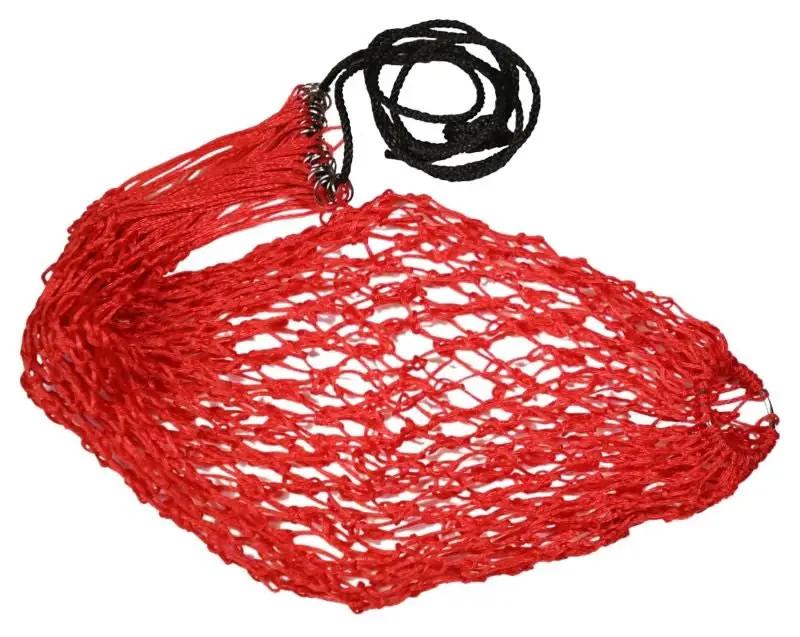 Gatsby Slow Feed Hay Net 32 Inch by StateLineTack, red nylon mesh hay net with black hanging rope and end loops