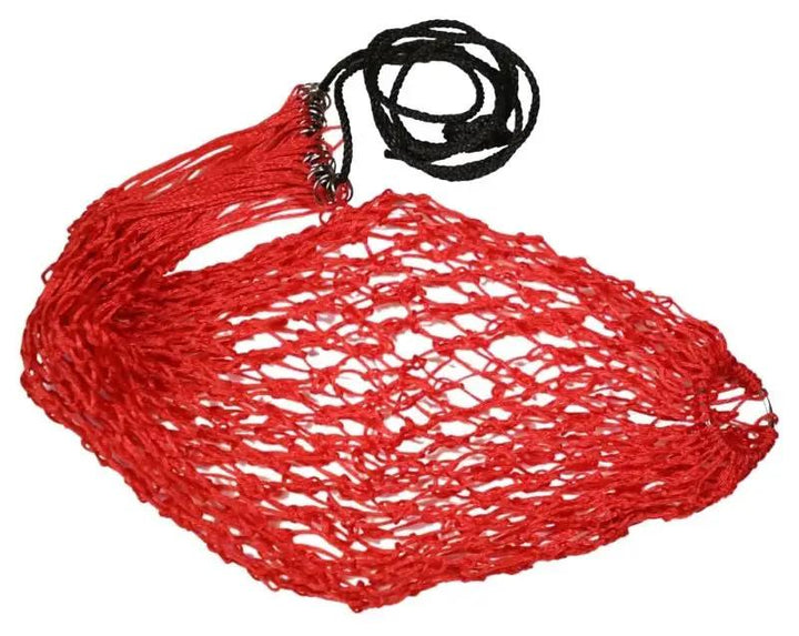 Gatsby Slow Feed Hay Net 32 Inch by StateLineTack, red nylon mesh hay net with black hanging rope and end loops