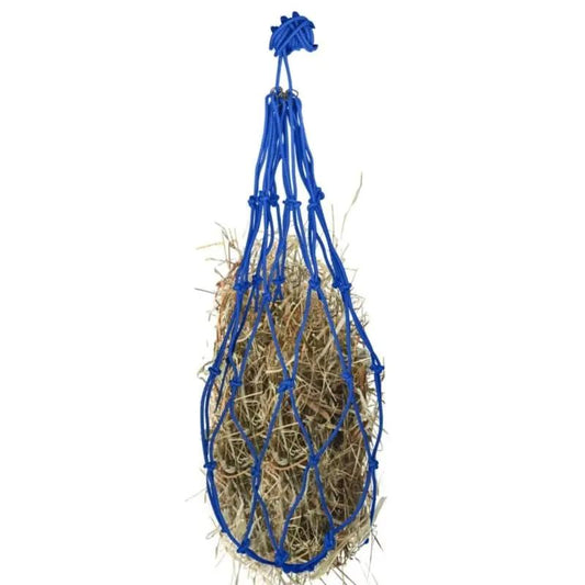 Gatsby Cotton Rope Hay Net 42in, blue cotton rope netting filled with hay.