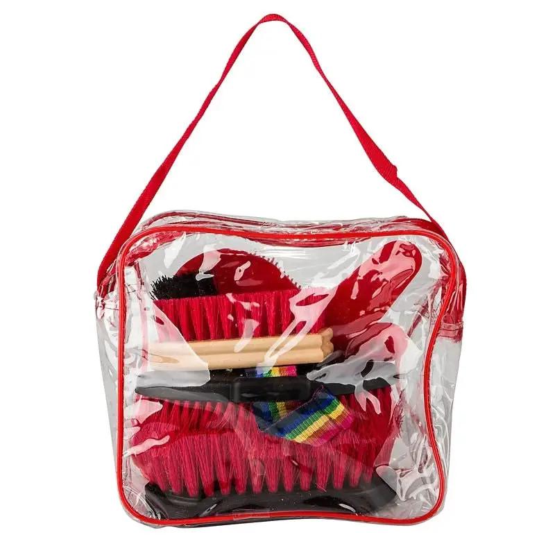 Gatsby Grooming Kit Red in clear PVC tote with red strap and included grooming tools.