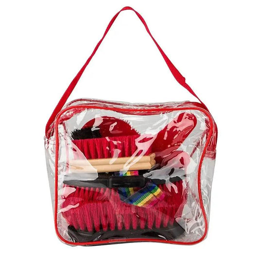Gatsby Grooming Kit Red in clear PVC tote with red strap and included grooming tools.