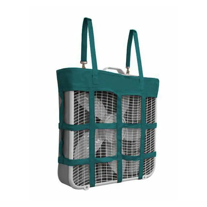 Gatsby Nylon Box Fan Holder for the Stable by StateLineTack, teal nylon with grid straps holding a fan.