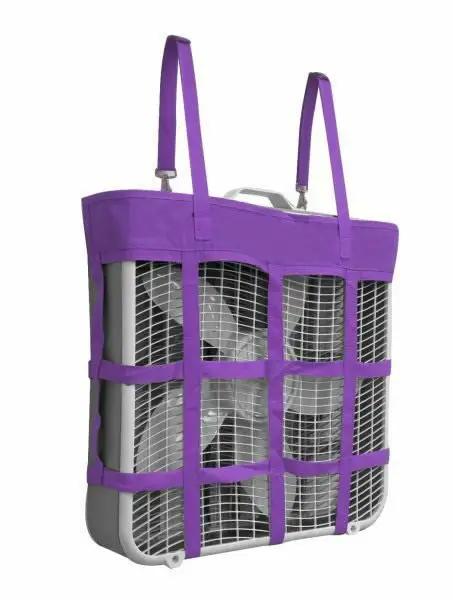 Gatsby Nylon Box Fan Holder for the Stable by StateLineTack, purple fabric carrier holding a box fan.