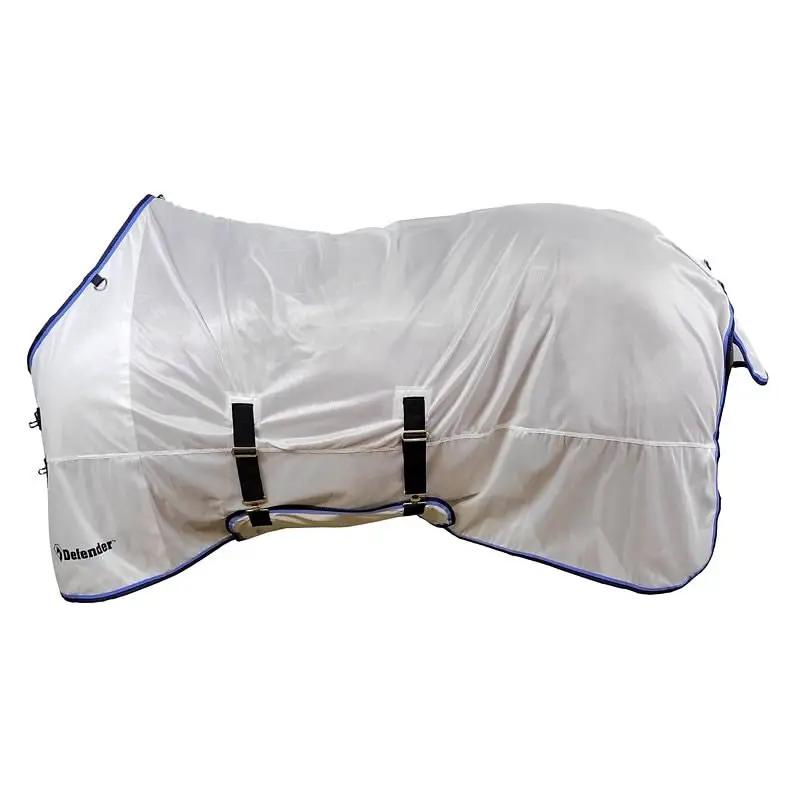 Defender Silver Elite Standard Neck Fly Sheet by StateLineTack; silver fabric with blue trim and front buckles