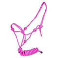 Load image into Gallery viewer, StateLineTack Tabelo Cowboy Rope Halter with Lead in bright pink rope
