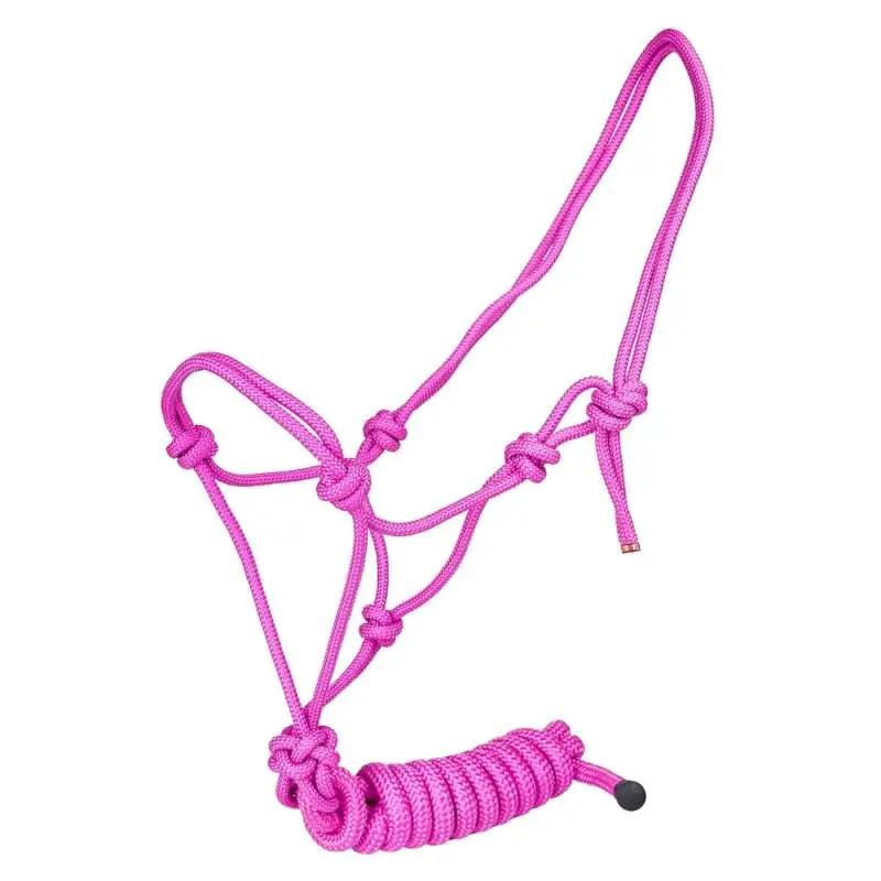 StateLineTack Tabelo Cowboy Rope Halter with Lead in bright pink rope