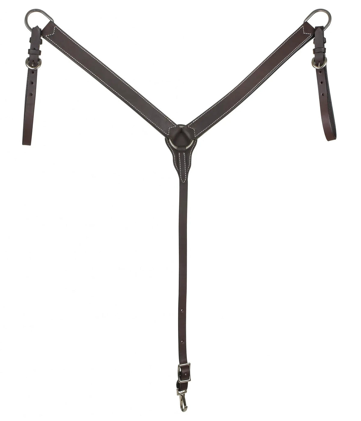 StateLineTack Tabelo Western V-shaped breast collar in dark brown leather with white stitching and metal rings.