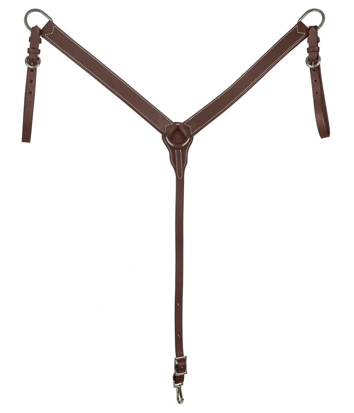 Tabelo Western Breast Collar by StateLineTack, brown leather with white stitching and metal rings