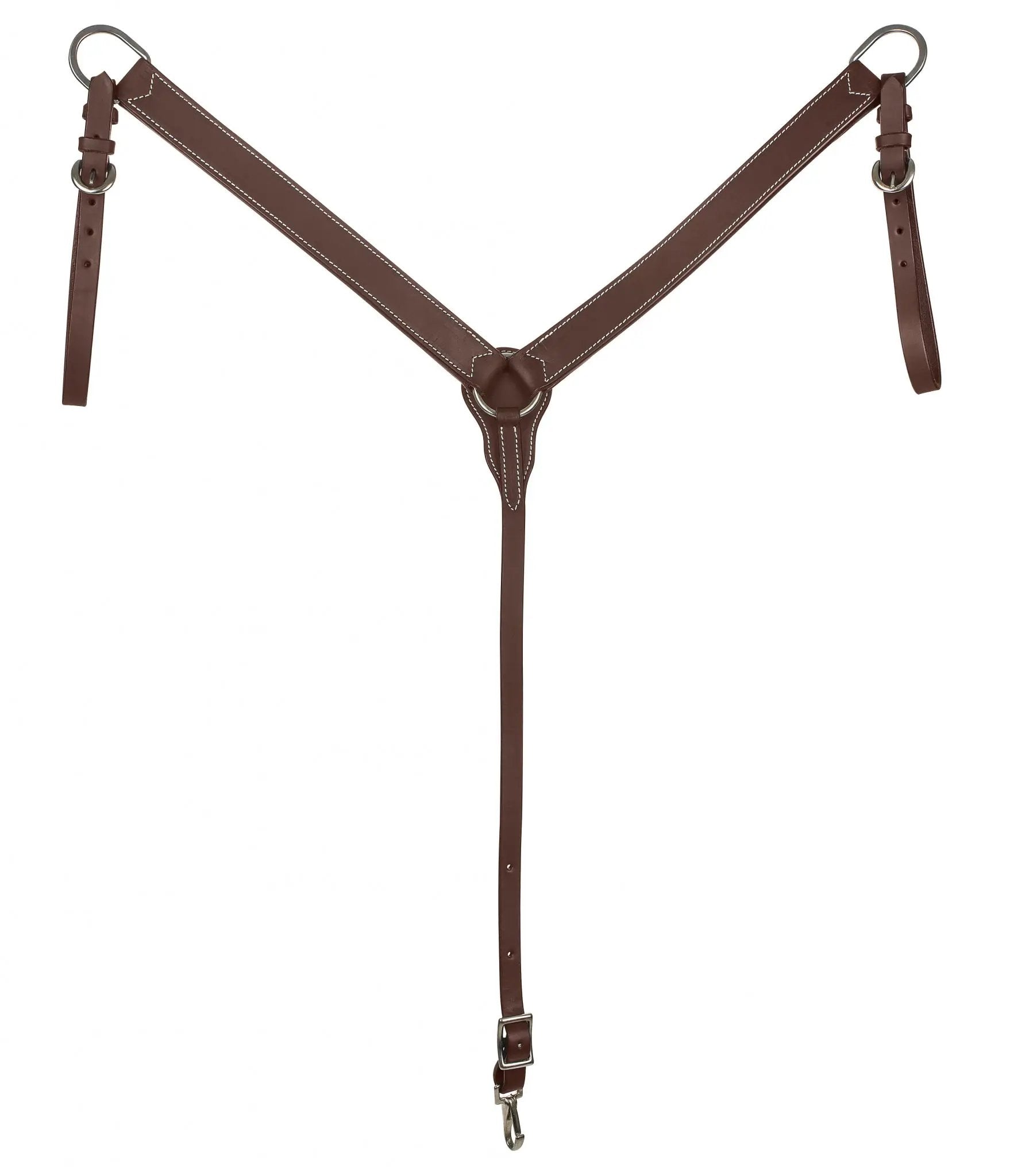Tabelo Western Breast Collar by StateLineTack, brown leather with white stitching and metal rings