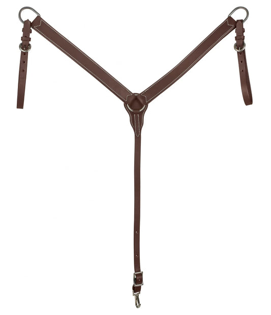 Tabelo Western Breast Collar by StateLineTack, brown leather with white stitching and metal rings