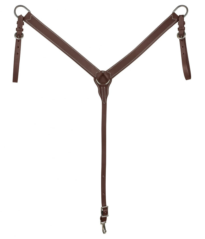 Tabelo Western Breast Collar by StateLineTack, brown leather with white stitching and metal rings