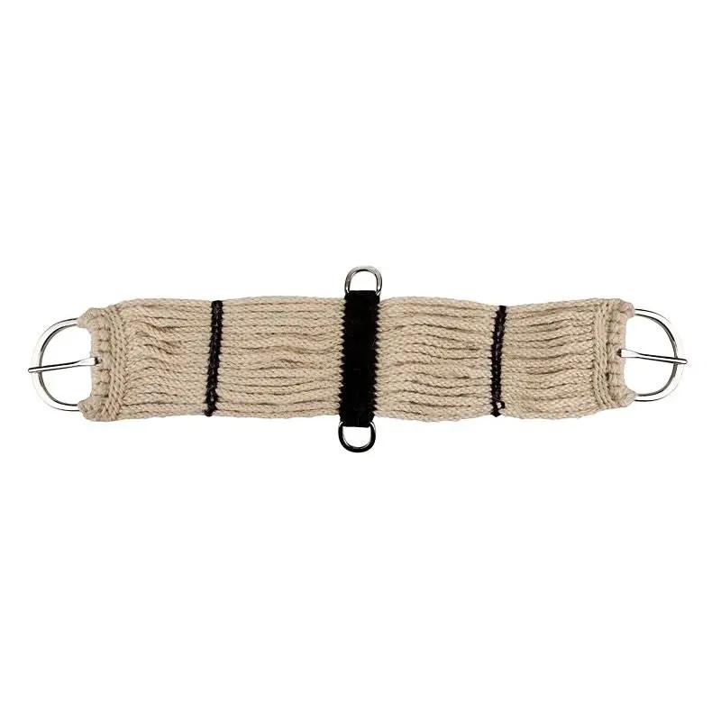 Tabelo Mohair Cinch with Wrapped Center by StateLineTack, beige mohair with black center wrap and silver hardware