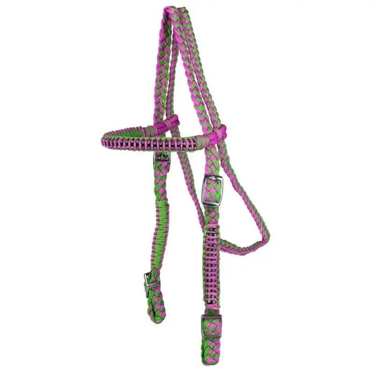 Tabelo Cord Headstall with Stones by StateLineTack; pink and green braided tack with metal buckles.