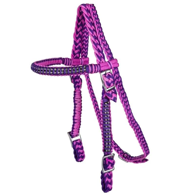 Tabelo Cord Headstall with Stones, StateLineTack, purple braided tack with stone browband and silver buckles.