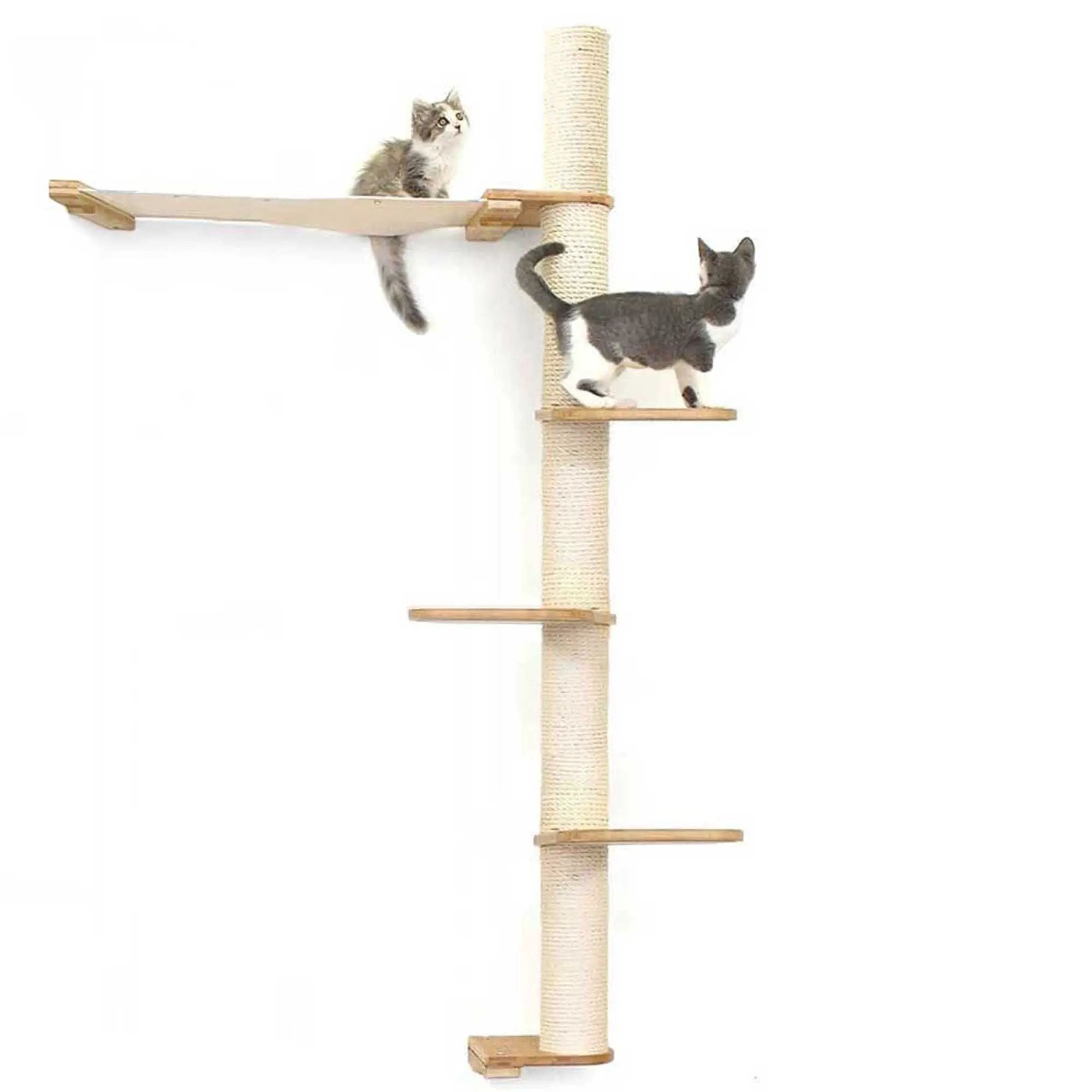 The Crow's Nest Wall Cat Scratcher with Hammock by Catastrophic Creations; beige sisal post, wooden platforms, two cats.