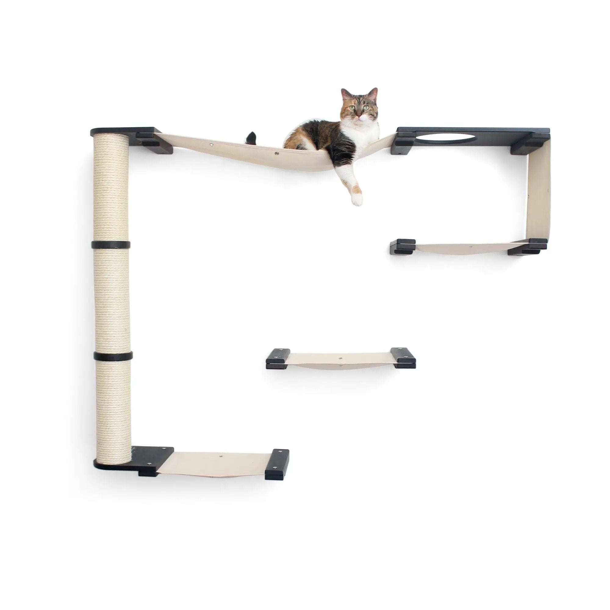The Climb Condo cat wall climbing system by Catastrophic Creations; beige fabric hammock with multiple platforms