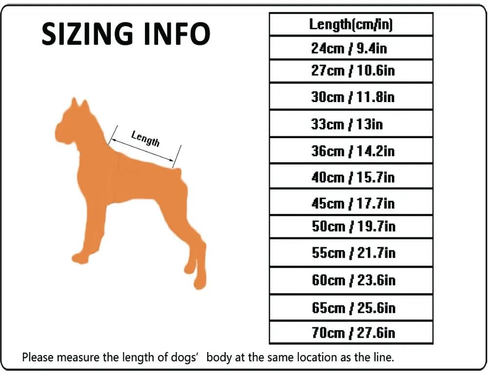 TrueLove Mt. Tallac Waterproof Reflective Winter Dog Coat TLG2371 – size chart