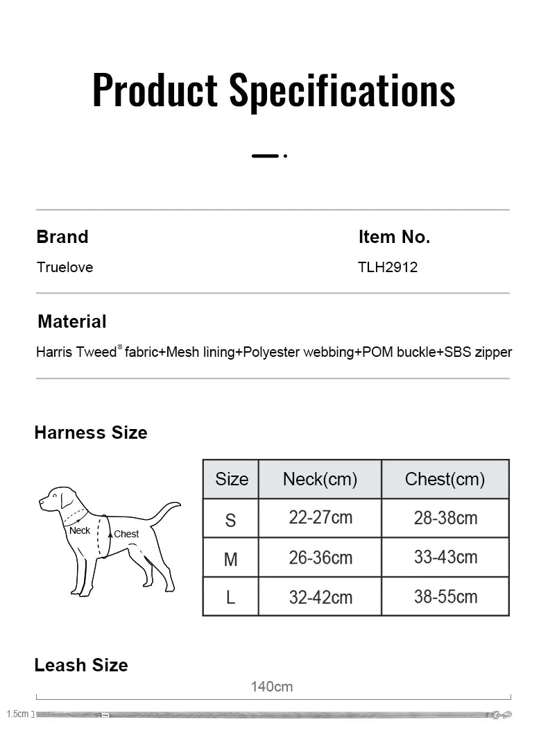 TrueLove Harris Tweed Dog Harness, Leash &amp; Poop Bag Set TLH2912 – size chart
