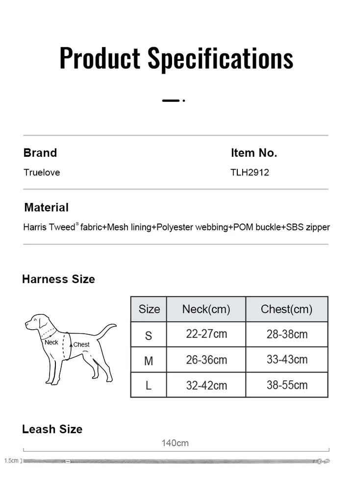 TrueLove Harris Tweed Dog Harness, Leash &amp; Poop Bag Set TLH2912 – size chart