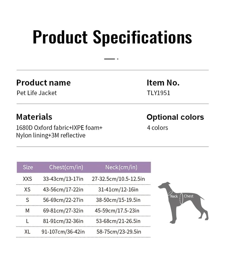 TrueLove Reflective Dog Life Jacket with Rescue Handle TLY1951 – size chart