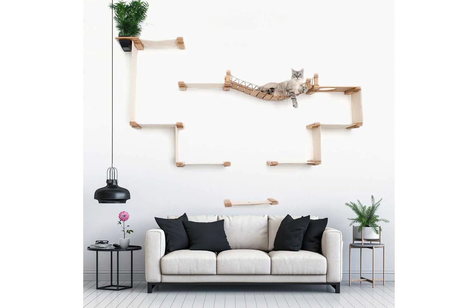 The Temple wall-mounted cat condo by Catastrophic Creations, natural wood platforms with a woven hammock.