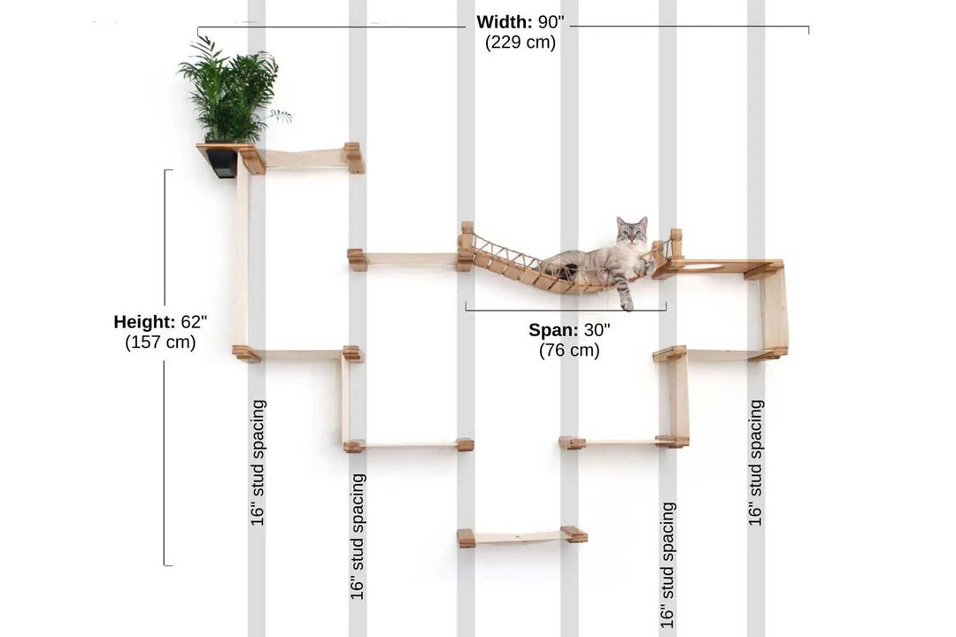 The Temple cat condo by Catastrophic Creations, a wall-mounted wooden cat tree with a rope hammock.