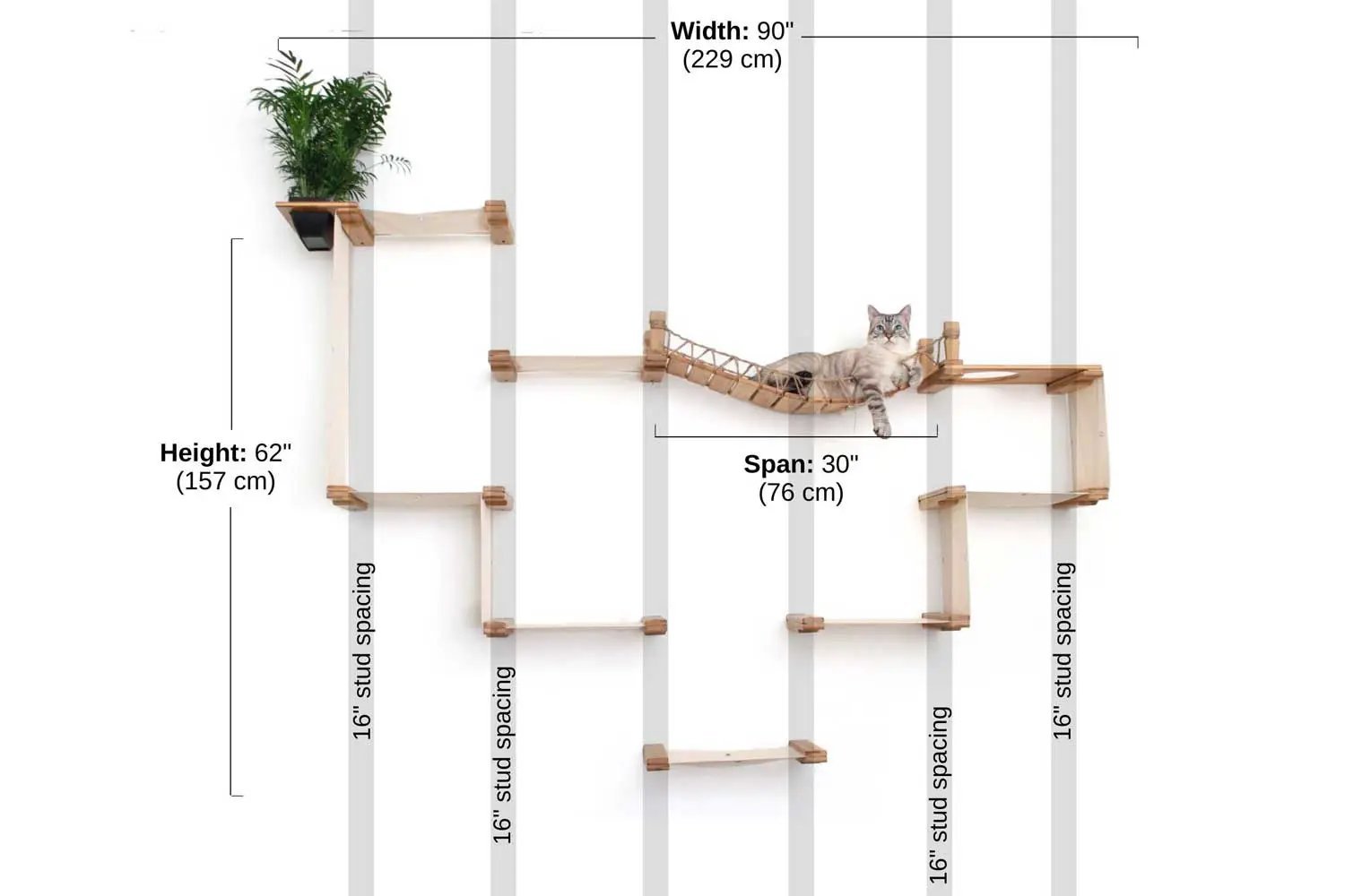 The Temple cat condo by Catastrophic Creations, a wall-mounted wooden cat tree with a rope hammock.