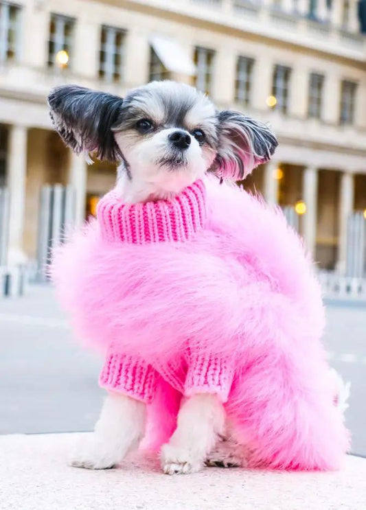 Haute Couture Feathered Luxury Pet Sweater in bright pink fluffy knit for dogs