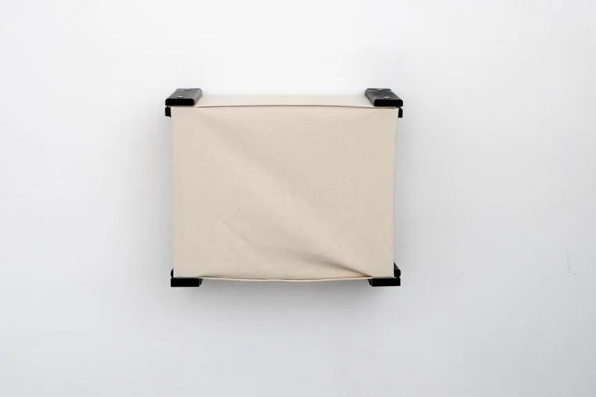 Enclosed Cat Bed - Cat Wall Cubby by Catastrophic Creations, beige fabric with black metal brackets